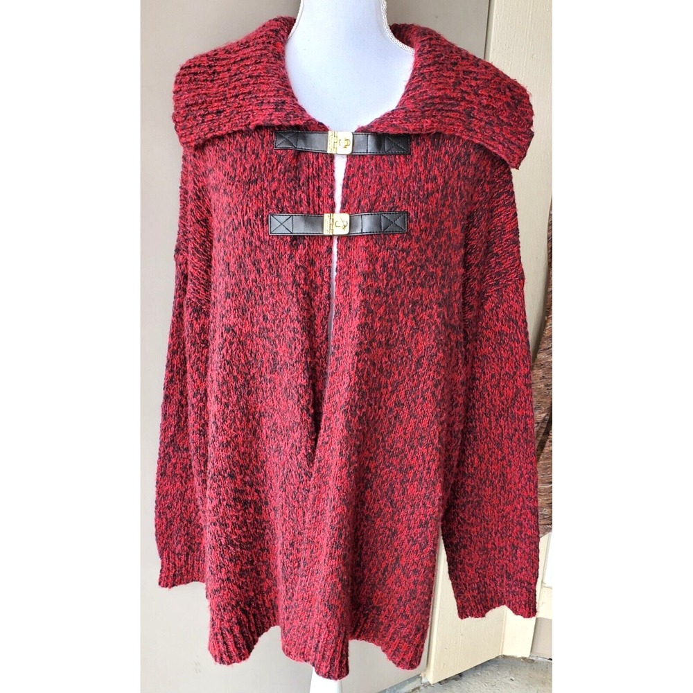 Michael Kors Cardigan Sweater Women Large Red Black Marled Buckle Toggle Knit